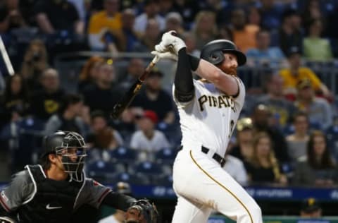 PITTSBURGH, PA – APRIL 22: Colin Moran #19 of the Pittsburgh Pirates hits an RBI double in the third inning against the Arizona Diamondbacks at PNC Park on April 22, 2019 in Pittsburgh, Pennsylvania. (Photo by Justin K. Aller/Getty Images)