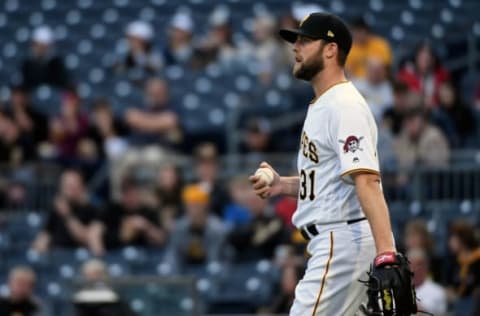 PITTSBURGH, PA – APRIL 24: Pitcher Jordan Lyles #31 of the Pittsburgh Pirates looks on after committing a throwing error in the first inning during the game against the Arizona Diamondbacks at PNC Park on April 24, 2019 in Pittsburgh, Pennsylvania. (Photo by Justin Berl/Getty Images)