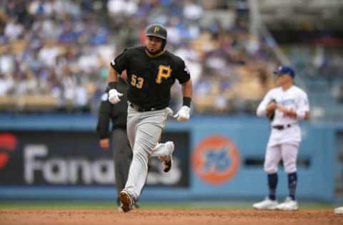 LOS ANGELES, CA – APRIL 28: Melky Cabrera #53 of the Pittsburgh Pirates rounds second base after he hit a home run against Rich Hill #44 for the Los Angeles Dodgers in the second inning at Dodger Stadium on April 28, 2019 in Los Angeles, California. (Photo by John McCoy/Getty Images)