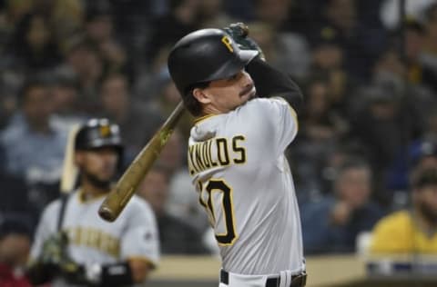 SAN DIEGO, CA – MAY 17: Bryan Reynolds #10 of the Pittsburgh Pirates hits a two-run home run during the fourth inning of a baseball game against the San Diego Padres at Petco Park May 17, 2019 in San Diego, California. (Photo by Denis Poroy/Getty Images)