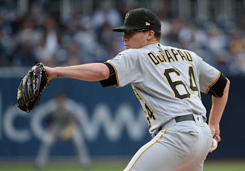 SAN DIEGO, CA – MAY 18: Montana DuRapau #64 of the Pittsburgh Pirates pitches during the first inning of a baseball game against the San Diego Padres at Petco Park May 18, 2019 in San Diego, California. (Photo by Denis Poroy/Getty Images)