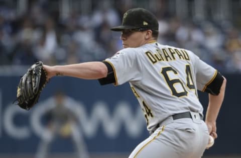 SAN DIEGO, CA – MAY 18: Montana DuRapau #64 of the Pittsburgh Pirates pitches during the first inning of a baseball game against the San Diego Padres at Petco Park May 18, 2019 in San Diego, California. (Photo by Denis Poroy/Getty Images)