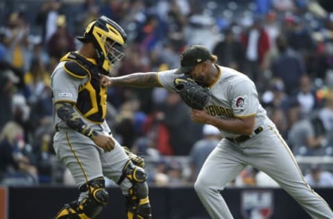 SAN DIEGO, CA – MAY 19: Felipe Vazquez #73 of the Pittsburgh Pirates is congratulated by Elias Diaz #32 after defeating the San Diego Padres 6-4 at Petco Park May 19, 2019 in San Diego, California. (Photo by Denis Poroy/Getty Images)