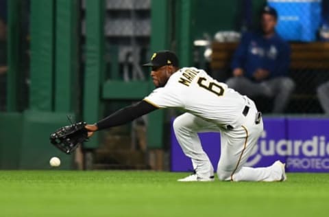 PITTSBURGH, PA – MAY 24: Starling Marte #6 of the Pittsburgh Pirates can’t make a catch on a ball hit by Joc Pederson #31 of the Los Angeles Dodgers (not pictured) during the eighth inning at PNC Park on May 24, 2019 in Pittsburgh, Pennsylvania. (Photo by Joe Sargent/Getty Images)