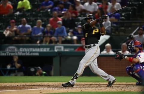 ARLINGTON, TEXAS – APRIL 30: Starling Marte #6 of the Pittsburgh Pirates at bat against the Texas Rangers at Globe Life Park in Arlington on April 30, 2019 in Arlington, Texas. (Photo by Ronald Martinez/Getty Images)