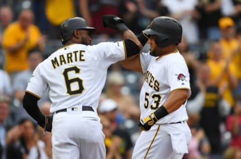 PITTSBURGH, PA – JUNE 04: Melky Cabrera #53 of the Pittsburgh Pirates celebrates his two run home run with Starling Marte #6 during the first inning against the Atlanta Braves at PNC Park on June 4, 2019 in Pittsburgh, Pennsylvania. (Photo by Joe Sargent/Getty Images)