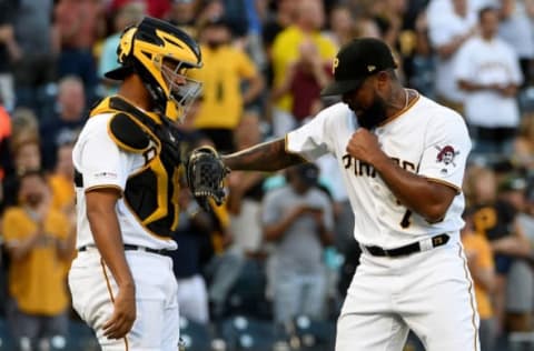 PITTSBURGH, PA – JUNE 22: Felipe Vazquez #73 of the Pittsburgh Pirates celebrates with Elias Diaz #32 after the final out in a 6-3 win over the San Diego Padres at PNC Park on June 22, 2019 in Pittsburgh, Pennsylvania. (Photo by Justin Berl/Getty Images)