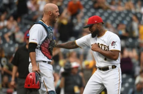 PITTSBURGH, PA – JULY 07: Felipe Vazquez #73 of the Pittsburgh Pirates celebrates with Jacob Stallings #58 after the final out in a 6-5 win over the Milwaukee Brewers at PNC Park on July 7, 2019 in Pittsburgh, Pennsylvania. (Photo by Justin Berl/Getty Images)