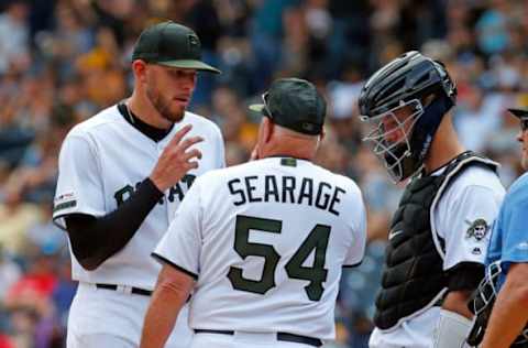 PITTSBURGH, PA – JULY 25: Joe Musgrove #59 of the Pittsburgh Pirates talks with pitching coach Ray Searage #54 in the fifth inning against the St. Louis Cardinals at PNC Park on July 25, 2019 in Pittsburgh, Pennsylvania. (Photo by Justin K. Aller/Getty Images)