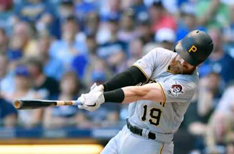 MILWAUKEE, WISCONSIN – JUNE 29: Colin Moran #19 of the Pittsburgh Pirates hits a RBI double in the first inning against the Milwaukee Brewers at Miller Park on June 29, 2019 in Milwaukee, Wisconsin. (Photo by Quinn Harris/Getty Images)