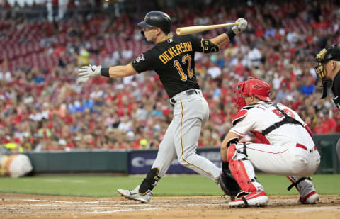 CINCINNATI, OHIO – JULY 30: Corey Dickerson #12 of the Pittsburgh Pirates hits a two RBI single in the third inning against the Cincinnati Reds at Great American Ball Park on July 30, 2019 in Cincinnati, Ohio. (Photo by Andy Lyons/Getty Images)