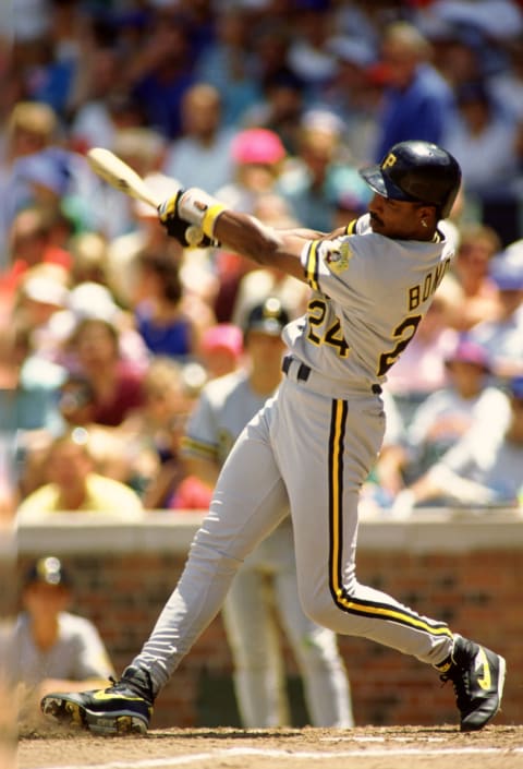 CHICAGO – 1991: Barry Bonds of the San Pittsburgh Pirates bats during an MLB game versus the Chicago Cubs at Wrigley Field in Chicago, Illinois during the 1991 season. (Photo by Ron Vesely/MLB Photos via Getty Images)