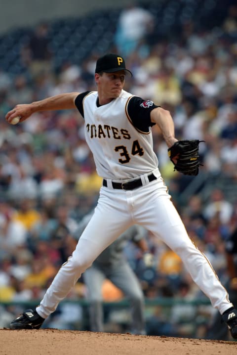 Pirate Kris Benson throws against Milwaukee at PNC Park in Pittsburgh, Pennsylvania July 3, 2004 (Photo by Sean Brady/Getty Images)