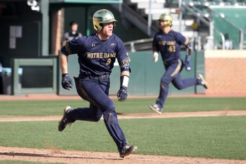 CHAPEL HILL, NC – MARCH 08: Jack Brannigan #9 of the University of Notre Dame drives in Brooks Coetzee #42 during a game between Notre Dame and North Carolina at Boshamer Stadium on March 08, 2020 in Chapel Hill, North Carolina. (Photo by Andy Mead/ISI Photos/Getty Images)