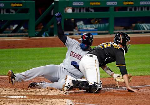 PITTSBURGH, PA – AUGUST 20: Franmil Reyes #32 of the Cleveland Indians scores on a throwing error in the eighth inning against the Pittsburgh Pirates at PNC Park on August 20, 2020 in Pittsburgh, Pennsylvania. (Photo by Justin K. Aller/Getty Images)