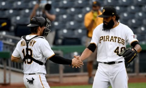 PITTSBURGH, PA – SEPTEMBER 03: Richard Rodriguez #48 of the Pittsburgh Pirates celebrates with John Ryan Murphy #18 after the final out in a 6-2 win over the Chicago Cubs at PNC Park on September 3, 2020 in Pittsburgh, Pennsylvania. (Photo by Justin Berl/Getty Images)