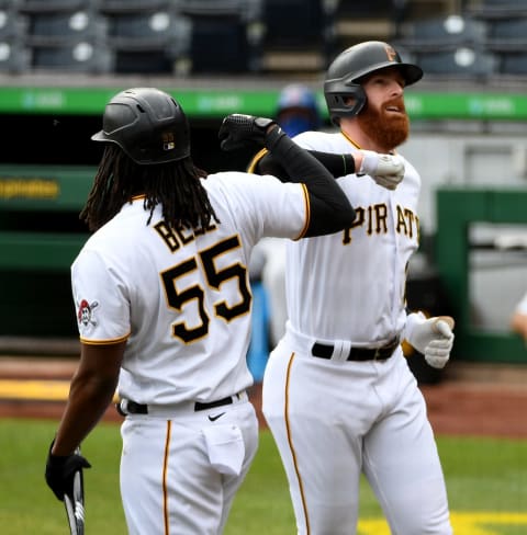 PITTSBURGH, PA – SEPTEMBER 24: Colin Moran #19 of the Pittsburgh Pirates celebrates with Josh Bell #55 after hitting a solo home run in the first inning during the game against the Chicago Cubs at PNC Park on September 24, 2020 in Pittsburgh, Pennsylvania. (Photo by Justin Berl/Getty Images)