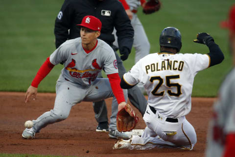 PITTSBURGH, PA – APRIL 30: Gregory Polanco #25 of the Pittsburgh Pirates steals second base in the second inning against Tommy Edman #19 of the St. Louis Cardinals at PNC Park on April 30, 2021 in Pittsburgh, Pennsylvania. (Photo by Justin K. Aller/Getty Images)