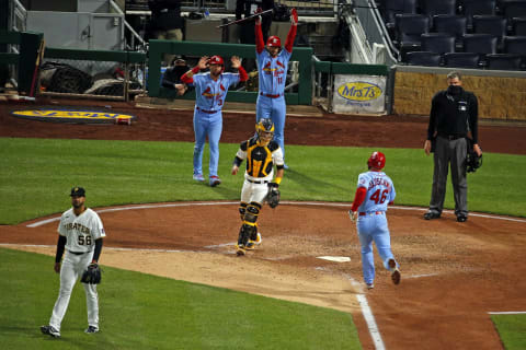 PITTSBURGH, PA – MAY 01: Paul Goldschmidt #46 of the St. Louis Cardinals scores on a two RBI double in the seventh inning against Duane Underwood Jr. #56 of the Pittsburgh Pirates at PNC Park on May 1, 2021 in Pittsburgh, Pennsylvania. (Photo by Justin K. Aller/Getty Images)