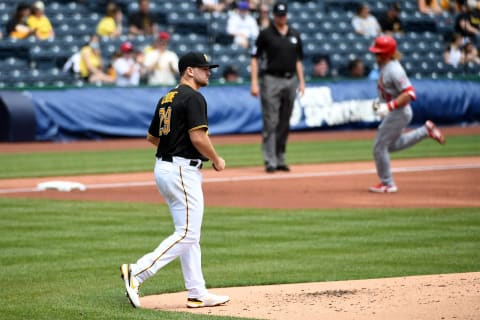 PITTSBURGH, PA – MAY 02: Wil Crowe #29 of the Pittsburgh Pirates reacts as Harrison Bader #48 of the St. Louis Cardinals rounds the bases after hitting a three-run home run in the second inning during the game at PNC Park on May 2, 2021 in Pittsburgh, Pennsylvania. (Photo by Justin Berl/Getty Images)