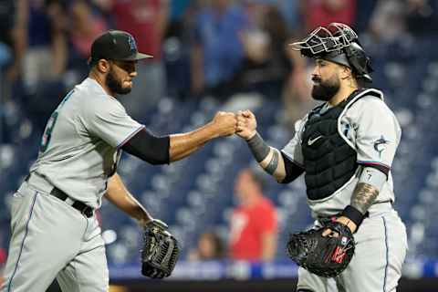 PHILADELPHIA, PA – MAY 19: Yimi Garcia #93 of the Miami Marlins celebrates with Sandy Leon #7 after the game against the Philadelphia Phillies at Citizens Bank Park on May 19, 2021 in Philadelphia, Pennsylvania. The Marlins defeated the Phillies 3-1. (Photo by Mitchell Leff/Getty Images)