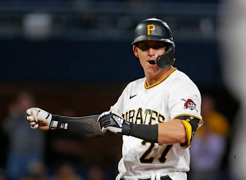 PITTSBURGH, PA – JUNE 22: Kevin Newman #27 of the Pittsburgh Pirates reacts after reaching on a bunt single in the seventh inning against the Chicago White Sox during interleague play at PNC Park on June 22, 2021 in Pittsburgh, Pennsylvania. (Photo by Justin K. Aller/Getty Images)