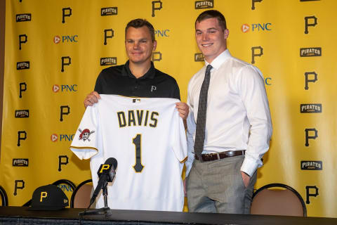 PITTSBURGH, PA – JULY 18: Catcher Henry Davis (R), who was selected first overall in the 2021 MLB draft by the Pittsburgh Pirates, poses with General Manager Ben Cherington after signing a contract with the Pirates during a press conference at PNC Park on July 18, 2021 in Pittsburgh, Pennsylvania. (Photo by Justin Berl/Getty Images)