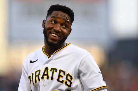 PITTSBURGH, PA – JULY 30: Rodolfo Castro #64 of the Pittsburgh Pirates jokes with teammates during the first inning against the Philadelphia Phillies at PNC Park on July 30, 2021 in Pittsburgh, Pennsylvania. (Photo by Joe Sargent/Getty Images)