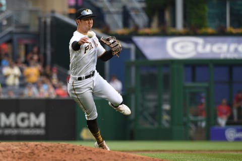 PITTSBURGH, PA – AUGUST 01: Hoy Park #68 of the Pittsburgh Pirates throws to first base to attempt to force out Ronald Torreyes #74 of the Philadelphia Phillies in the eighth inning during the game at PNC Park on August 1, 2021 in Pittsburgh, Pennsylvania. (Photo by Justin Berl/Getty Images)