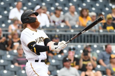 PITTSBURGH, PA – AUGUST 12: Colin Moran #19 of the Pittsburgh Pirates watches as his three run home run clears the fences in the first inning during the game against the St. Louis Cardinals at PNC Park on August 12, 2021 in Pittsburgh, Pennsylvania. (Photo by Justin Berl/Getty Images)