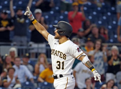 PITTSBURGH, PA – AUGUST 24: Michael Chavis #31 of the Pittsburgh Pirates celebrates after hitting a home run in the third inning against the Arizona Diamondbacks during the game at PNC Park on August 24, 2021 in Pittsburgh, Pennsylvania. (Photo by Justin K. Aller/Getty Images)