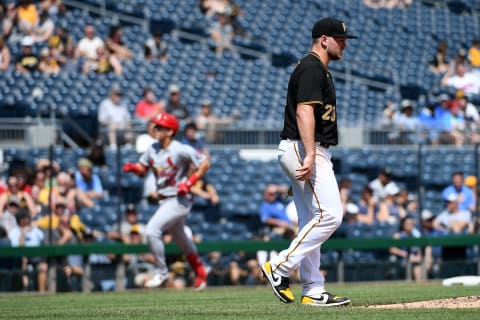 PITTSBURGH, PA – AUGUST 29: Wil Crowe #29 of the Pittsburgh Pirates steps off the mound as Tommy Edman #19 of the St. Louis Cardinals rounds the bases after hitting a two-run home run in the fifth inning during the game at PNC Park on August 29, 2021 in Pittsburgh, Pennsylvania. (Photo by Justin Berl/Getty Images)