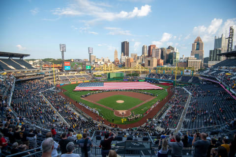 PITTSBURGH, PA – SEPTEMBER 11: General view of the field during a ceremony commemorating the 20th anniversary of the 9/11 terrorist attacks before the game between the Pittsburgh Pirates and the Washington Nationals at PNC Park on September 11, 2021 in Pittsburgh, Pennsylvania. (Photo by Justin Berl/Getty Images)