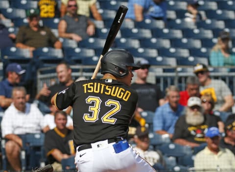 PITTSBURGH, PA – SEPTEMBER 16: Yoshi Tsutsugo #32 of the Pittsburgh Pirates bates in the eighth inning against the Cincinnati Reds during the game at PNC Park on September 16, 2021 in Pittsburgh, Pennsylvania. (Photo by Justin K. Aller/Getty Images)