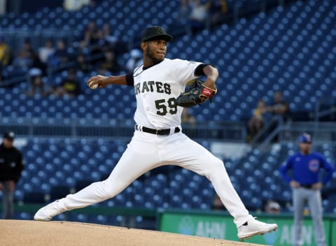 PITTSBURGH, PA – SEPTEMBER 29: Roansy Contreras #59 of the Pittsburgh Pirates makes his Major League debut against the Chicago Cubs at PNC Park on September 29, 2021 in Pittsburgh, Pennsylvania. (Photo by Justin K. Aller/Getty Images)