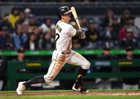 PITTSBURGH, PA – OCTOBER 01: Kevin Newman #27 of the Pittsburgh Pirates hits a two run single during the eighth inning against the Cincinnati Reds at PNC Park on October 1, 2021 in Pittsburgh, Pennsylvania. (Photo by Joe Sargent/Getty Images)