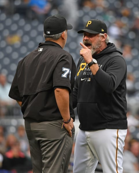 PITTSBURGH, PA – OCTOBER 03: Manager Derek Shelton #17 of the Pittsburgh Pirates yells at umpire Manny Gonzalez #79 after being ejected in the fifth inning during the game against the Cincinnati Reds at PNC Park on October 3, 2021 in Pittsburgh, Pennsylvania. (Photo by Justin Berl/Getty Images)