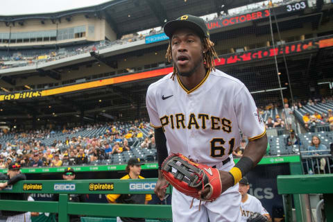 PITTSBURGH, PA – OCTOBER 03: Oneil Cruz #61 of the Pittsburgh Pirates takes the field for the first inning during the game against the Cincinnati Reds at PNC Park on October 3, 2021 in Pittsburgh, Pennsylvania. (Photo by Justin Berl/Getty Images)