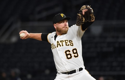 PITTSBURGH, PA – APRIL 26: Beau Sulser #69 of the Pittsburgh Pirates delivers a pitch in the seventh inning of his Major League Debut against the Milwaukee Brewers at PNC Park on April 26, 2022 in Pittsburgh, Pennsylvania. (Photo by Justin Berl/Getty Images)