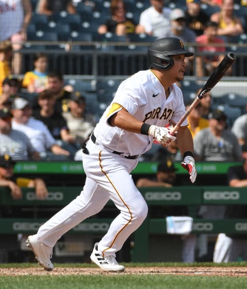 PITTSBURGH, PA – JULY 24: Yoshi Tsutsugo #25 of the Pittsburgh Pirates hits a two run RBI single in the ninth inning during the game against the Miami Marlins at PNC Park on July 24, 2022 in Pittsburgh, Pennsylvania. (Photo by Justin Berl/Getty Images)