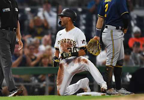 PITTSBURGH, PA – AUGUST 03: Tucupita Marcano #30 of the Pittsburgh Pirates reacts after hitting a triple during the fourth inning against the Milwaukee Brewers at PNC Park on August 3, 2022 in Pittsburgh, Pennsylvania. (Photo by Joe Sargent/Getty Images)