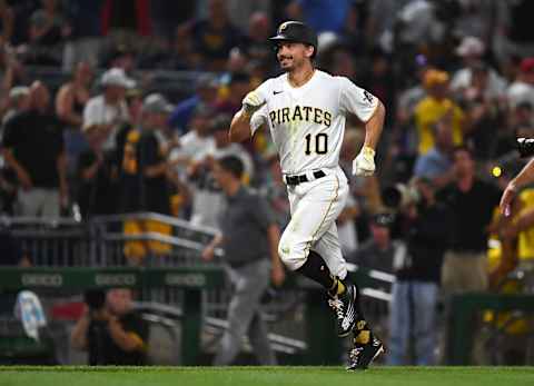 PITTSBURGH, PA – AUGUST 03: Bryan Reynolds #10 of the Pittsburgh Pirates celebrates his solo home run during the ninth inning against the Milwaukee Brewers at PNC Park on August 3, 2022 in Pittsburgh, Pennsylvania. (Photo by Joe Sargent/Getty Images)