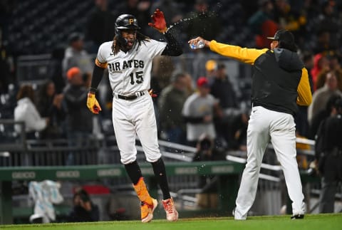 PITTSBURGH, PA – OCTOBER 03: Oneil Cruz #15 of the Pittsburgh Pirates celebrates after his walk-off walk during the ninth inning against the St. Louis Cardinals at PNC Park on October 3, 2022 in Pittsburgh, Pennsylvania. Pittsburgh won the game 3-2. (Photo by Joe Sargent/Getty Images)