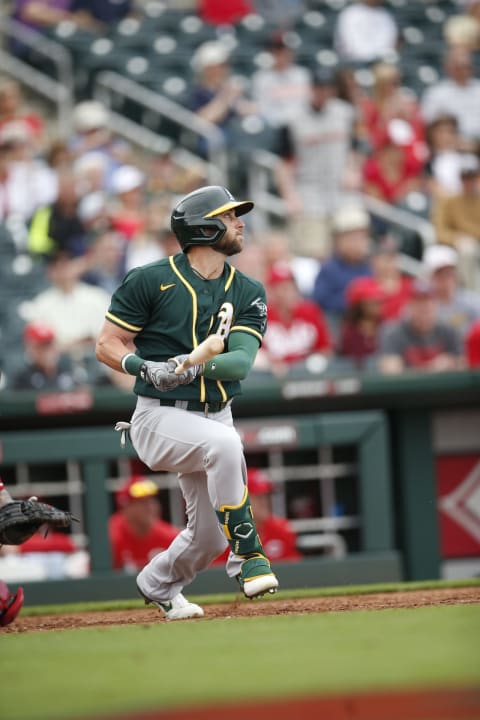 GOODYEAR, AZ – February 28: Dustin Fowler #11 of the Oakland Athletics bats during the game against the Cincinnati Reds at Goodyear Ballpark on February 28, 2020 in Goodyear, Arizona. (Photo by Michael Zagaris/Oakland Athletics/Getty Images)