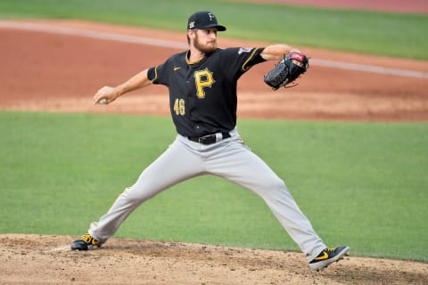 CLEVELAND, OHIO – JULY 20: Relief pitcher Chris Stratton #46 of the Pittsburgh Pirates pitches during the third inning against the Cleveland Indians at Progressive Field on July 20, 2020 in Cleveland, Ohio. (Photo by Jason Miller/Getty Images)