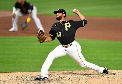 PITTSBURGH, PA – JULY 28: Miguel Del Pozo #63 0f the Pittsburgh Pirates in action during the game against the Milwaukee Brewers at PNC Park on July 28, 2020 in Pittsburgh, Pennsylvania. (Photo by Joe Sargent/Getty Images)