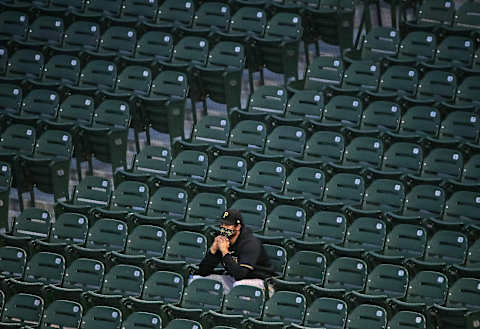 CHICAGO, ILLINOIS – AUGUST 01: A member of the Pittsburgh Pirates watches from the stands as his teammates take on the Chicago Cubs at Wrigley Field on August 01, 2020 in Chicago, Illinois. (Photo by Jonathan Daniel/Getty Images)