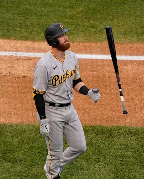 CHICAGO, ILLINOIS – AUGUST 02: Colin Moran #19 of the Pittsburgh Pirates flips his bat after striking out during the first inning of a game against the Chicago Cubs at Wrigley Field on August 02, 2020 in Chicago, Illinois. (Photo by Nuccio DiNuzzo/Getty Images)