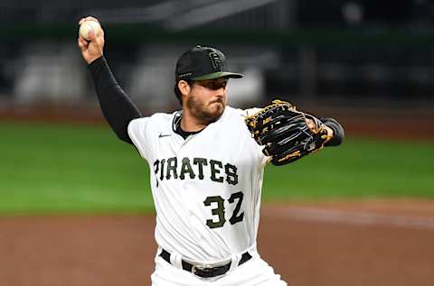 PITTSBURGH, PA – AUGUST 05: Geoff Hartlieb #32 of the Pittsburgh Pirates in action during the game against the Minnesota Twins at PNC Park on August 5, 2020 in Pittsburgh, Pennsylvania. (Photo by Joe Sargent/Getty Images)