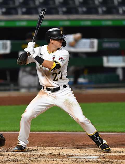 PITTSBURGH, PA – AUGUST 18: Kevin Newman #27 of the Pittsburgh Pirates in action during the game against the Cleveland Indians at PNC Park on August 18, 2020 in Pittsburgh, Pennsylvania. (Photo by Joe Sargent/Getty Images)